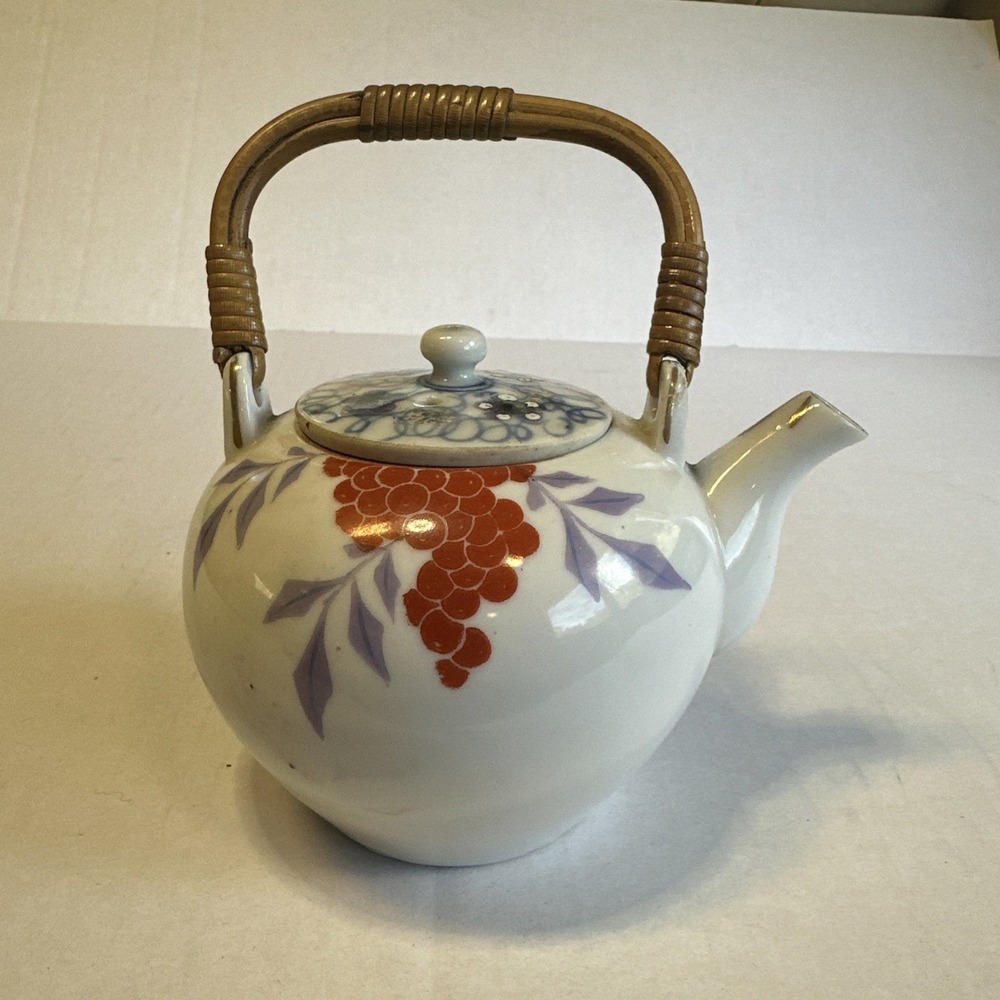 Vintage Japanese Tea Pot w/ Bamboo Handle - White Porcelain - Hand Painted